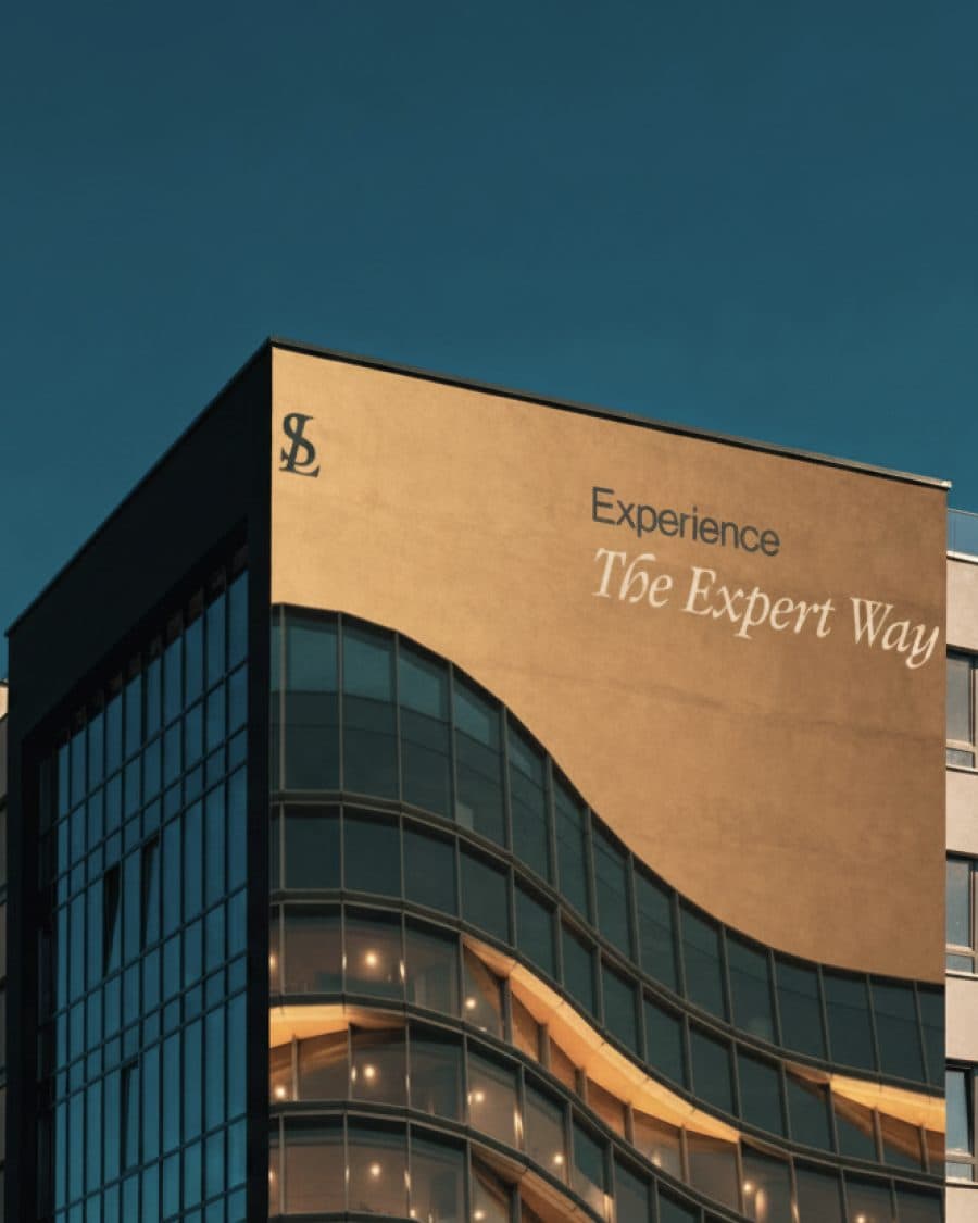 SafeLine B2B brand identity on a building: “Experience the Expert Way”